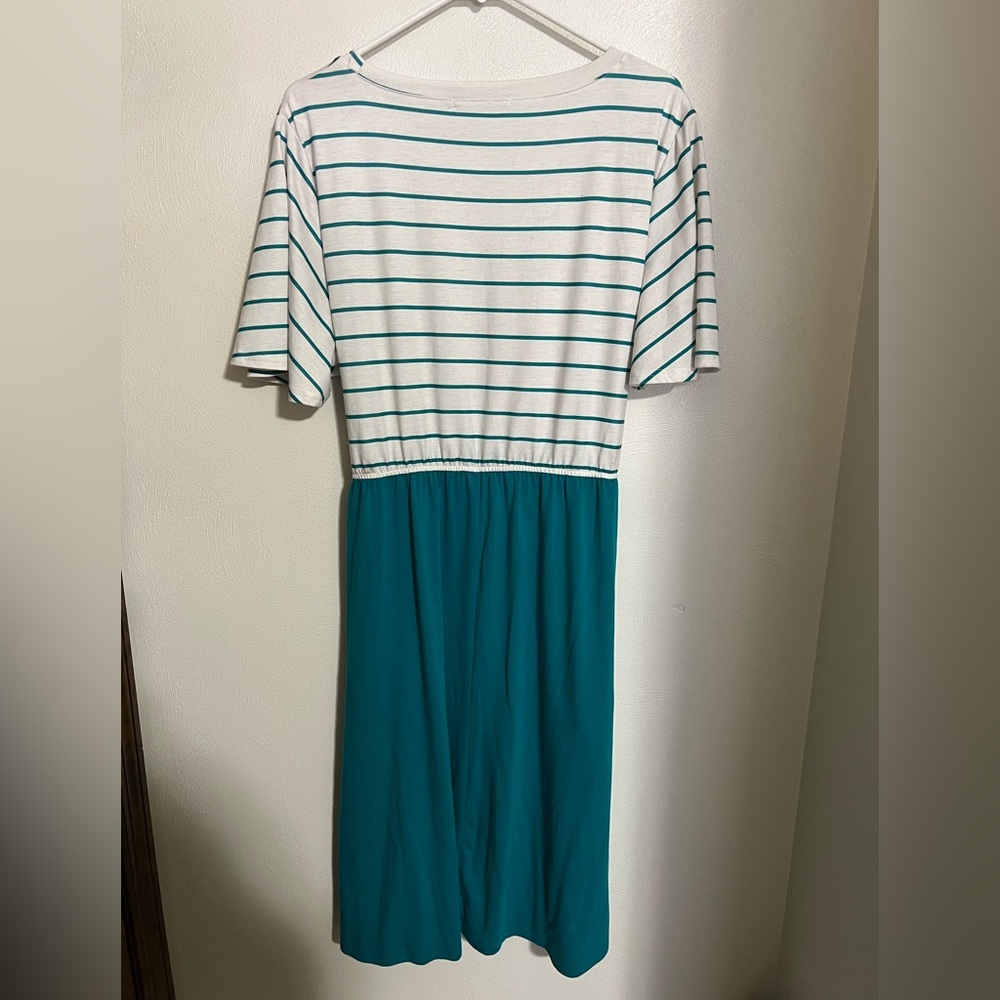 MEROKEETY Classic Colorblock Modest Dress Tie Waist Stripes Teal White Wms Sz XL - Picture 4 of 4